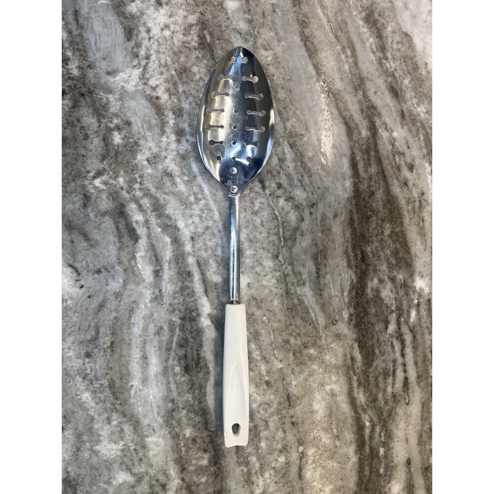 EKCO Stainless Steel Serving Slotted Spoon Almond Beige Handle 11.5” USA Vintage